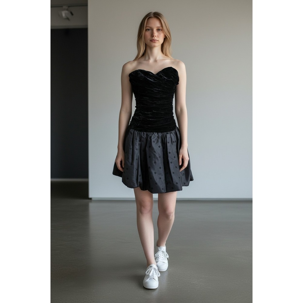 Vintage Positively Ellyn Velvet Strapless Dress Polka Dot Party 80s Goth Small